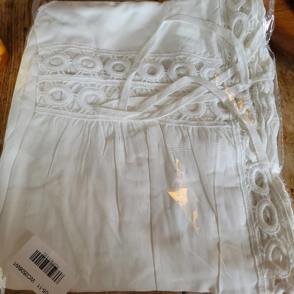 NWT White Linen Like Long Sleeve sheer tie front swim crochet Boho coverup - Picture 6 of 6